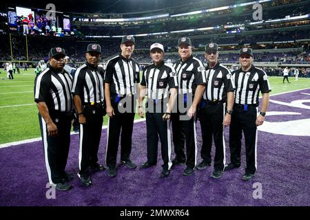 Replay Assistant Roddy Ames, from left, line judge Bart Longson (2), Down  Judge David Oliver, field judge Terry Brown (43), umpire Carl Paganelli  (124), referee Walt Anderson (66), referee Carl Cheffers (51)