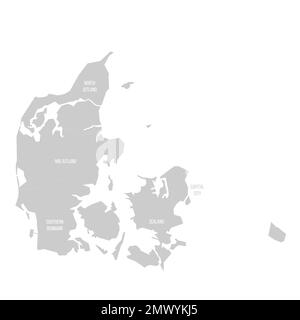 Denmark political map of administrative divisions - regions. Solid light gray map with white line borders and labels. Stock Vector