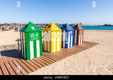 Assorted recycling bins on the beach at Caleta de Fuste on the east coast of the Canary Island of Fuerteventura, Spain Stock Photo