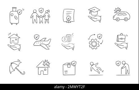 Insurance doodle icon set. Hand drawn sketch life shield, insurance umbrella, medical safety icon set. Health safety, car accident, house protect vector illustration. Stock Vector