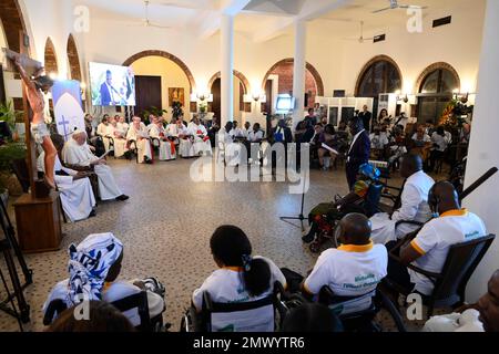 Kinshasa, Gongo. 01st Feb, 2023. Italy, Congo, 2023/2/1. Victims of violence in eastern Congo cheer as they attend a meeting with Pope Francis, at the Apostolic Nunciature in Kinshasa, Democratic Republic of Congo Photograph by Vatican Media/Catholic Press Photo . RESTRICTED TO EDITORIAL USE - NO MARKETING - NO ADVERTISING CAMPAIGNS Credit: Independent Photo Agency/Alamy Live News Stock Photo
