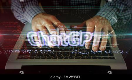 ChatGPT sign concept, open ai chat gpt bot and artificial intelligence technology. Man typing on computer keyboard 3d  illustration. Stock Photo