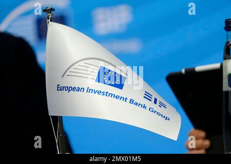 Brussels, Belgium. 02nd Feb, 2023. New logo of the EIB during the annual press conference of the EIB in Brussels, Belgium on February 2, 2023. Credit: ALEXANDROS MICHAILIDIS/Alamy Live News Stock Photo