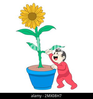 baby boy is having fun reaching for the sunflower in the pot. vector design illustration art Stock Vector