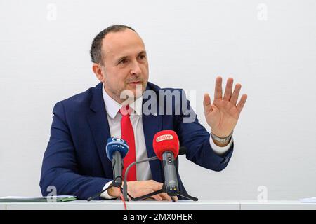 Magdeburg, Germany. 02nd Feb, 2023. Kay Barthel, president of the Saxony-Anhalt State Audit Office, speaks during a press conference. Barthel has criticized the state government over rising personnel expenses. Credit: Klaus-Dietmar Gabbert/dpa/Alamy Live News Stock Photo