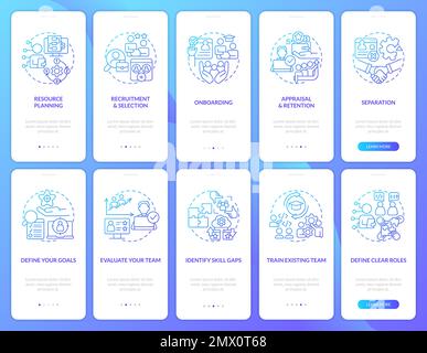 Information technology staffing blue gradient onboarding mobile app screens set Stock Vector
