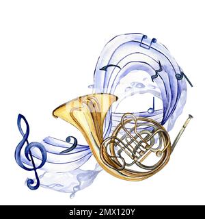 Treble clef, musical notes and horn watercolor illustration on white. Wind musical instruments, french horn hand drawn. Design for party flyer, concer Stock Photo