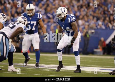 Indianapolis Colts linebacker Antonio Morrison (44) makes a catch during  practice at the NFL team's football training camp in Westfield, Ind.,  Friday, July 27, 2018. (AP Photo/Michael Conroy Stock Photo - Alamy