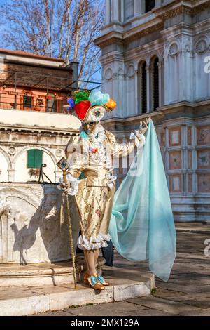 Venice, Italy- February 18th, 2012: Environmental portrait of a person wearing a beauty Venetian costume during a the Venice Carnival days. Stock Photo