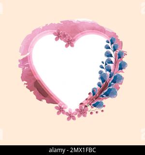Elegant pink heart-shaped frame decorated with watercolor flowers to include texts, messages and beautiful phrases for Valentine's Day Stock Vector