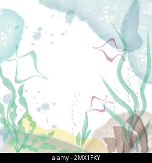 Beautiful handmade watercolor seascape with fish and seaweed at the bottom of the sea. To include texts and messages or to decorate Stock Vector