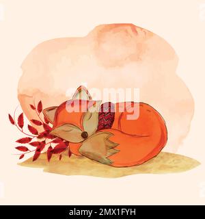 Cute and cuddly little fox sleeping hand drawn in watercolor. Card to write nice messages. Elegant cartoon of little animal resting to wish happy drea Stock Vector