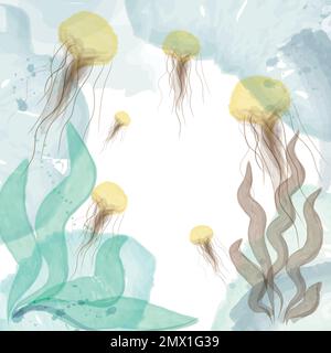 Beautiful handmade watercolor seascape with jellyfish and seaweed at the bottom of the sea. Vector illustration to include texts and messages or to de Stock Vector
