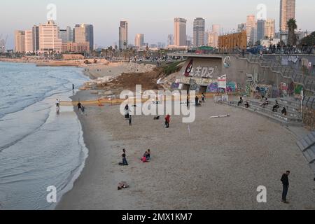 TEL AVIV, ISRAEL - 11 DECEMBER, 2022: Panoramic view of downtown and beach in Tel Aviv Stock Photo