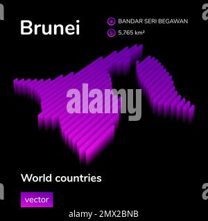 Brunei 3D map. Stylized striped isometric neon vector Map of Brunei is in violet and pink colors on black background Stock Vector