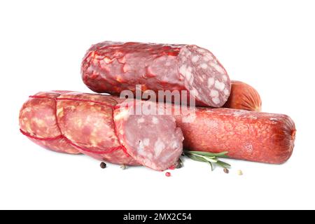 Different types of sausages on white background Stock Photo