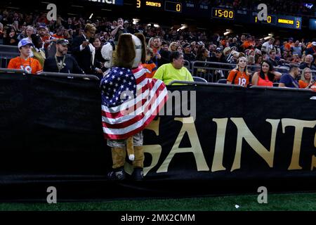 New Orleans Saints mascot Gumbo greets fans arriving to watch