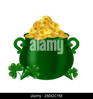 Leprechaun's magical pot full of gold coins. Cauldron with gold and shamrocks on a white background. Symbol of good luck and wealth for St. Patrick's Stock Vector