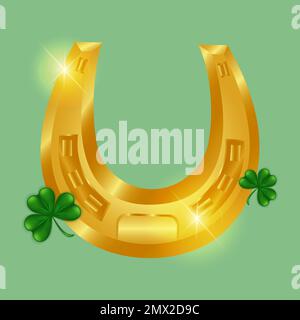 Lucky horseshoe and clover. Golden shiny horseshoe with clover shamrock on a green background. Happy symbol of the Irish holiday of St. Patrick's Day. Stock Vector