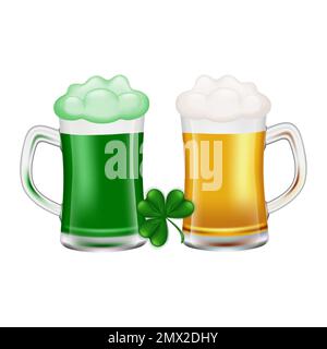 Two glasses with yellow beer and green ale with foam on a white background. Clear glass beer glasses full of fresh beer and ale. Alcoholic drink. Vect Stock Vector