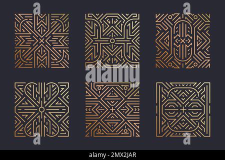 Vector set of luxury line geometric templates, square line art deco patterns, logos, badges. Design elements for placards, banners, flyers Stock Vector
