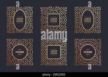 Vector set of luxury line cover templates, frames, square line art deco, gatsby patterns, logos, badges. Design elements for placards, banners, flyers Stock Vector