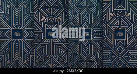 Vector set of monogram design in trendy vintage line style with space for text, abstract art deco geometric frames, luxury package templates. Use for Stock Vector
