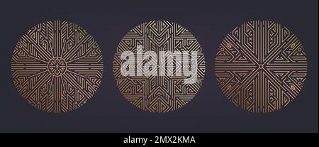 Vector set of art deco badges, adges, abstract geometric design templates for luxury products. Linear ornament compositions, vintage. Use for Stock Vector