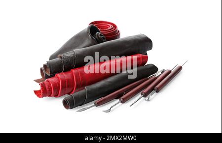 Leather samples and craftsman tools isolated on white Stock Photo