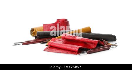 Leather samples and craftsman tools isolated on white Stock Photo