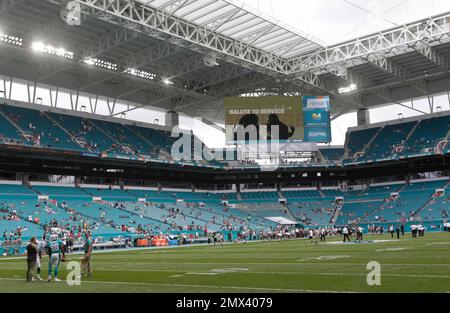 Hard Rock Stadium with the Miami Dolphins throwback logo painted in the end  zone before an NFL football game against the Pittsburgh Steelers, Sunday,  Oct. 23, 2022, in Miami Gardens, Fla. (AP