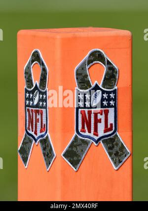 A Salute to Service ribbon is seen on the back of the helmet of Minnesota  Vikings tight end Irv Smith Jr. during the first half of an NFL football  game against the