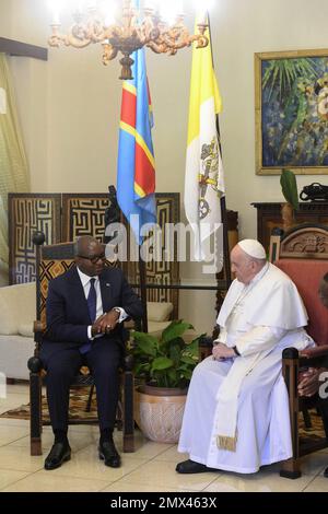 Kinshasa February 2, 2023. Pope Francis meets with Jean-Michel Sama Lukonde Kyenge the Democratic Republic of Congo’s (DRC) prime minister in Kinshasa on February 2, 2023. Photo by (EV) Vatican Media /ABACAPRESS.COM Stock Photo