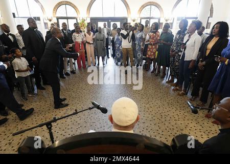 Kinshasa February 2, 2023. Pope Francis meets with students of the University Catholic of the Democratic Republic of Congo in Kinshasa on February 2, 2023. Photo by (EV) Vatican Media /ABACAPRESS.COM Stock Photo