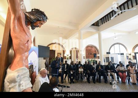 Kinshasa February 2, 2023. Pope Francis meets with students of the University Catholic of the Democratic Republic of Congo in Kinshasa on February 2, 2023. Photo by (EV) Vatican Media /ABACAPRESS.COM Stock Photo