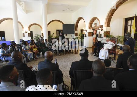 Kinshasa February 2, 2023. Pope Francis meets with students of the University Catholic of the Democratic Republic of Congo in Kinshasa on February 2, 2023. Photo by (EV) Vatican Media /ABACAPRESS.COM Stock Photo