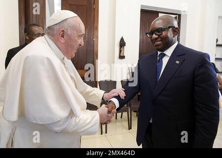 Kinshasa February 2, 2023. Pope Francis meets with Jean-Michel Sama Lukonde Kyenge the Democratic Republic of Congo’s (DRC) prime minister in Kinshasa on February 2, 2023. Photo by (EV) Vatican Media /ABACAPRESS.COM Stock Photo