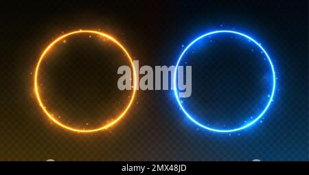 Neon circle frames, glowing round borders with smoke and sparkles, ice and fire portals concep Stock Vector