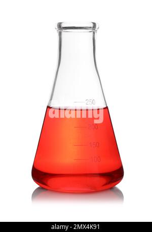 Conical flask with red sample isolated on white Stock Photo