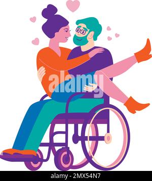 Young happy heterosexual couple in love. Disabled man on wheelchair holding girlfriend on his arms. flat vector illustration. Stock Vector