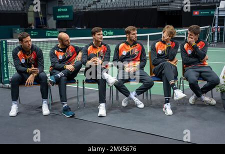 Trier, Germany. 02nd Feb, 2023. Tennis: Men, Davis Cup - Qualifying Round, Qualifying, Germany - Switzerland: The German Davis Cup team with Andreas Mies (l-r), Tim Pütz, Daniel Altmaier, Oscar Otte, Alexander Zverev and coach Michael Kohlmann take part in the draw for the match pairings. Credit: Harald Tittel/dpa/Alamy Live News Stock Photo