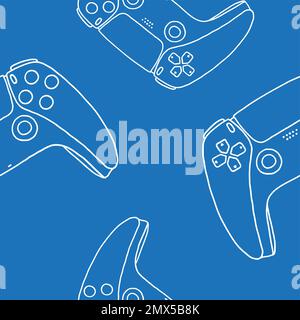 Seamless pattern of game controllers. Vector illustration in hand-drawn outline flat style on blue background Stock Vector