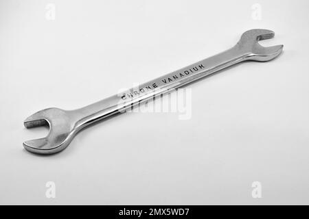 Steel double open end wrench isolated on white background. Chrome vanadium on white background Stock Photo