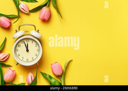 Alarm clock surrounded by tulips. Transitional change of time, change of seasons. copy space Stock Photo