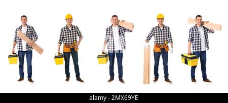 Collage of handsome carpenter on white background Stock Photo