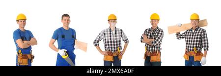 Collage of handsome carpenter on white background Stock Photo
