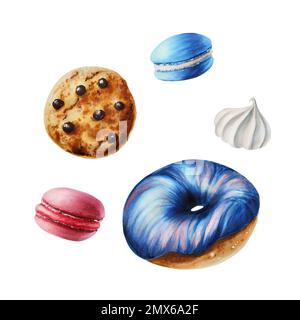 Watercolor composition with chocolate cookies, macaron, meringue, donut. Hand painting sweet on a white isolated background. For designers, menu, shop Stock Photo