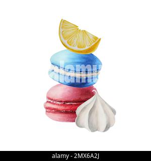 Watercolor composition with macaron, meringue and slice of lemon. Hand painting sweet juicy berries on a white isolated background. For designers Stock Photo