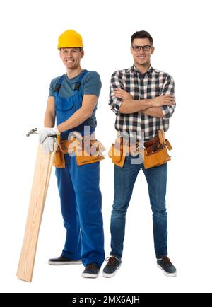 Handsome carpenters on white background. Professional workers Stock Photo