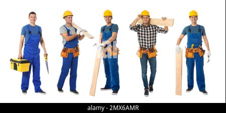 Collage of handsome carpenters on white background Stock Photo